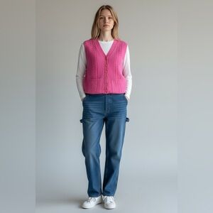 Vintage Hot Pink Cable Knit Women's Sweater Vest Size Large